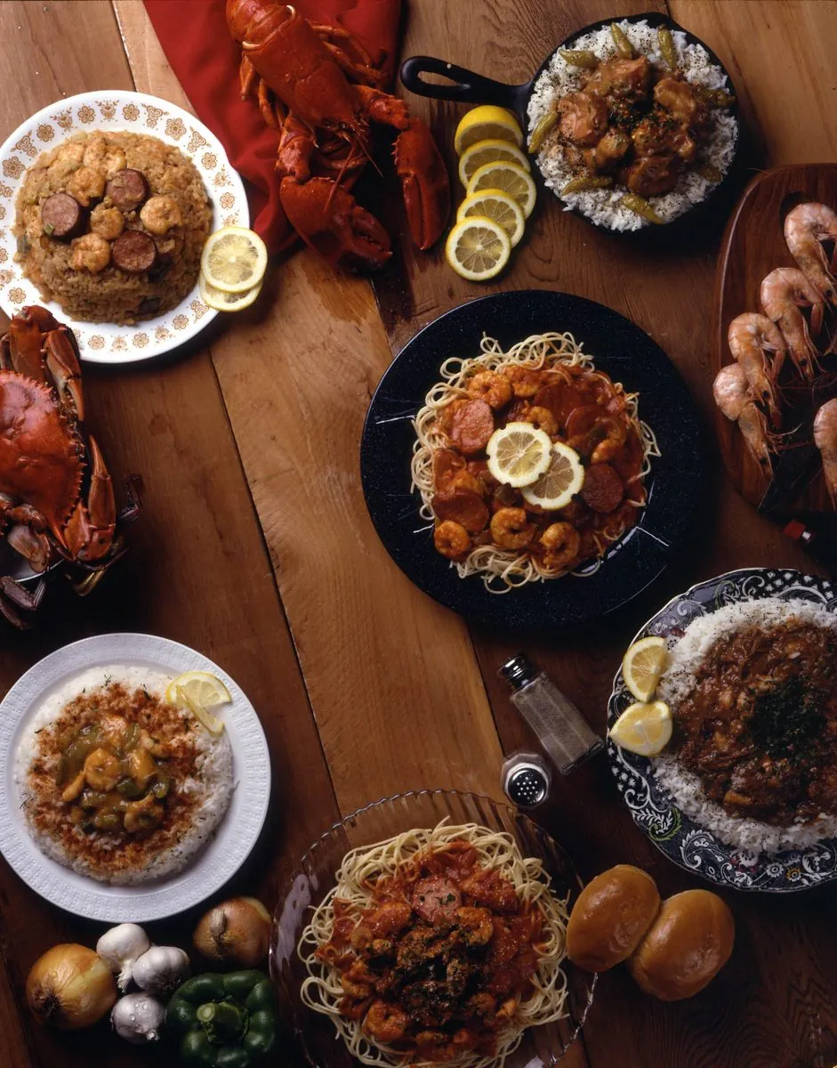 Full Cajun food spread from a restaurant campaign