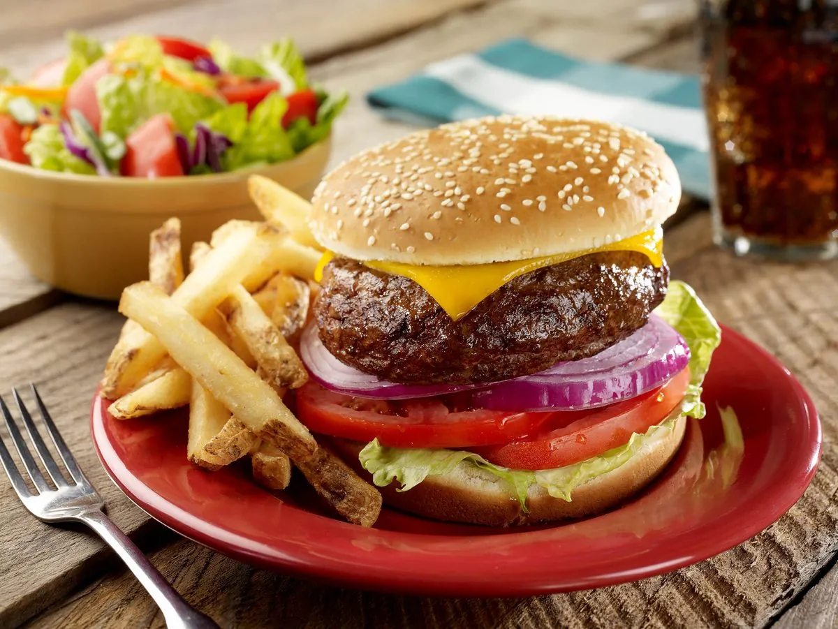 Restaurant menu photograph — burger plate